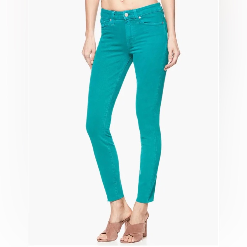 NWT Paige Hoxton Ankle Skinny Jeans Electric Teal Raw Hem Size 25